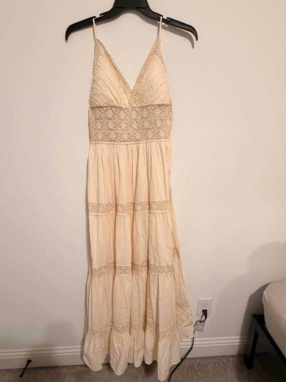 Spaghetti Strap Cream Maxi Dress with Lace Bodice